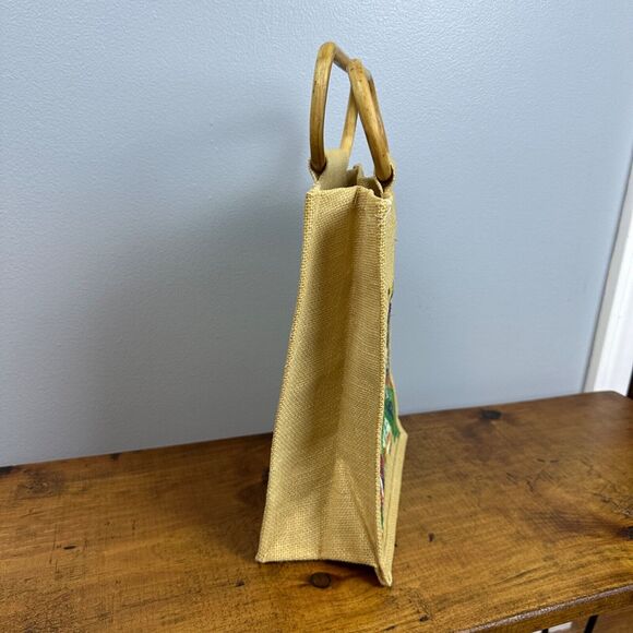 Mural Painted Canvas Tan Green Art Design‎ Tote Purse with Wooden Handles - Picture 3 of 7